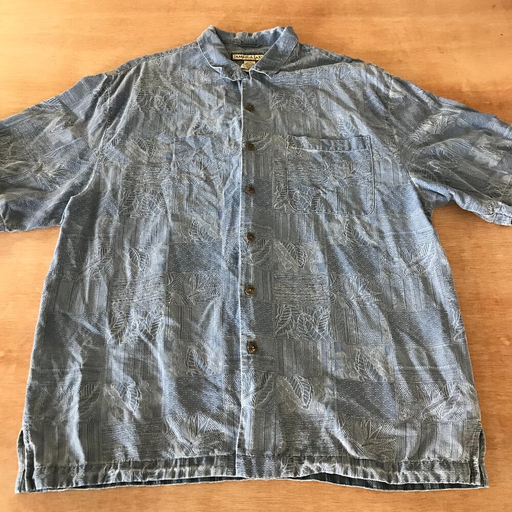 Jamaica Jaxx 100% Silk Hawaiian Shirt Men L Blue Floral Button Up Pocket 18779